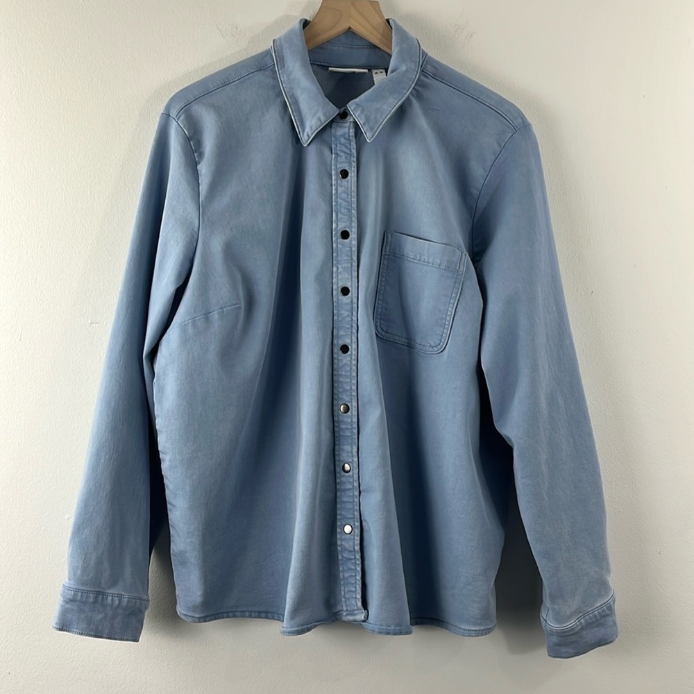D & Co Comfy Knit Acid Wash Snap Down Big Shirt Shacket Blue Long Sleeve Size XL